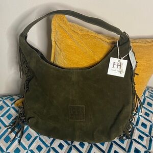 Haute Hippie Olive Green Fringe Suede Hobo Bag